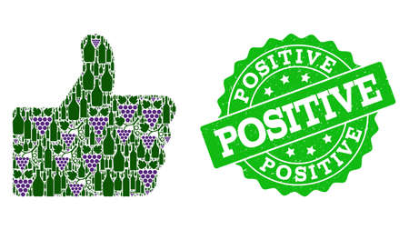 Thumb up composition of alcohol bottles and grape and grunge stamp seal. Isolated vectors in green and purple colors on a white background for bars, alcohol shop banners, ads, concepts.のイラスト素材