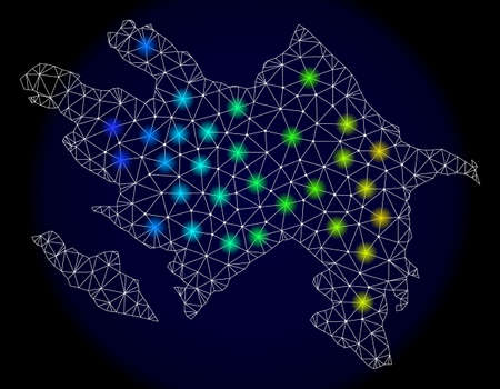 Mesh vector map of Azerbaijan with glare effect. Light spots have bright spectrum colors. Abstract lines, triangles, light spots and points on a dark background with map of Azerbaijan.のイラスト素材