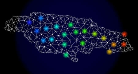 Mesh vector map of Jamaica with glare effect. Light spots have bright spectrum colors. Abstract lines, triangles, light spots and points on a dark background with map of Jamaica.のイラスト素材