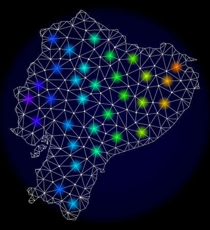 Mesh vector map of Ecuador with glare effect. Light spots have bright spectrum colors. Abstract lines, triangles, light spots and points on a dark background with map of Ecuador.のイラスト素材