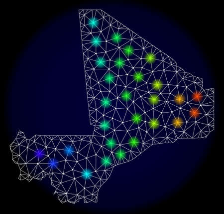 Mesh vector map of Mali with glare effect. Light spots have bright spectrum colors. Abstract lines, triangles, light spots and points on a dark background with map of Mali.のイラスト素材