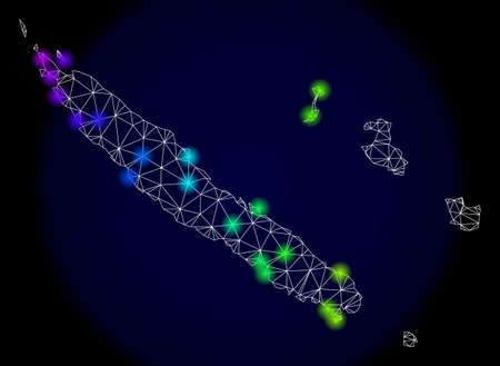 Mesh vector map of New Caledonia with glare effect. Light spots have bright spectrum colors. Abstract lines, triangles, light spots and points on a dark background with map of New Caledonia.のイラスト素材