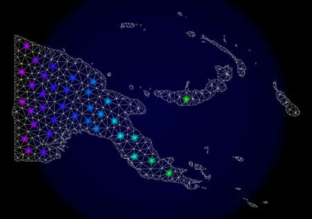 Mesh vector map of Papua New Guinea with glare effect. Light spots have bright spectrum colors. Abstract lines, triangles, light spots and points on a dark background with map of Papua New Guinea.のイラスト素材