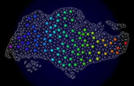 Mesh vector map of Singapore with glare effect. Light spots have bright spectrum colors. Abstract lines, triangles, light spots and points on a dark background with map of Singapore.のイラスト素材