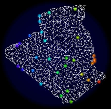 Mesh vector map of Algeria with glare effect. Light spots have bright spectrum colors. Abstract lines, triangles, light spots and points on a dark background with map of Algeria.のイラスト素材