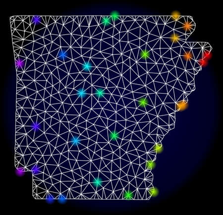 Mesh vector map of Arkansas State with glare effect. Light spots have bright spectrum colors. Abstract lines, triangles, light spots and points on a dark background with map of Arkansas State.のイラスト素材