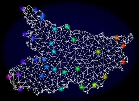 Mesh vector map of Bihar State with glare effect. Light spots have bright spectrum colors. Abstract lines, triangles, light spots and points on a dark background with map of Bihar State.のイラスト素材