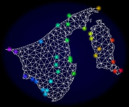 Mesh vector map of Brunei with glare effect. Light spots have bright spectrum colors. Abstract lines, triangles, light spots and points on a dark background with map of Brunei.のイラスト素材
