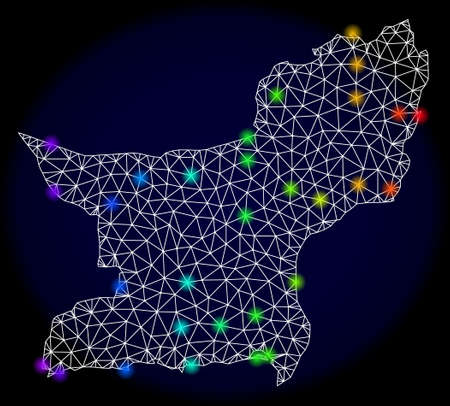 Mesh vector map of Balochistan Province with glare effect. Light spots have bright spectrum colors. Abstract lines, triangles,のイラスト素材