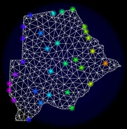 Mesh vector map of Botswana with glare effect. Light spots have bright spectrum colors. Abstract lines, triangles, light spots and points on a dark background with map of Botswana.のイラスト素材