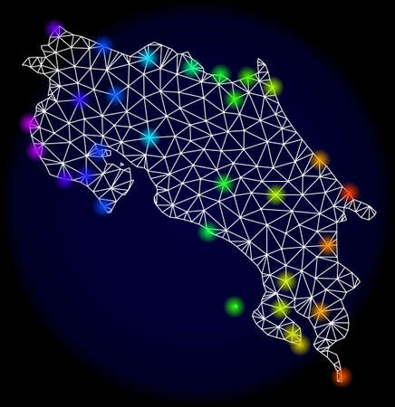 Mesh vector map of Costa Rica with glare effect. Light spots have bright rainbow colors. Abstract lines, triangles, light spots and points on a dark background with map of Costa Rica.のイラスト素材
