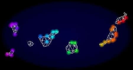 Mesh vector map of Canary Islands with glare effect. Light spots have bright spectrum colors. Abstract lines, triangles, light spots and points on a dark background with map of Canary Islands.のイラスト素材