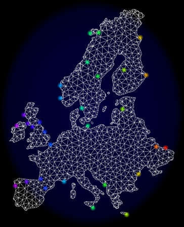Mesh vector map of Euro Union with glare effect. Light spots have bright spectrum colors. Abstract lines, triangles, light spots and points on a dark background with map of Euro Union.のイラスト素材