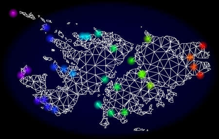 Mesh vector map of Falkland Islands with glare effect. Light spots have bright rainbow colors. Abstract lines, triangles, light spots and points on a dark background with map of Falkland Islands.のイラスト素材