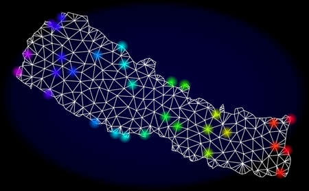 Mesh vector map of Nepal with glare effect. Light spots have bright rainbow colors. Abstract lines, triangles, light spots and points on a dark background with map of Nepal.のイラスト素材
