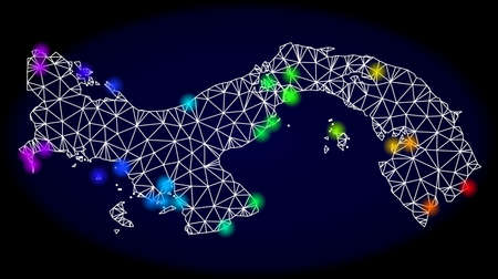 Mesh vector map of Panama with glare effect. Light spots have bright spectrum colors. Abstract lines, triangles, light spots and points on a dark background with map of Panama.のイラスト素材