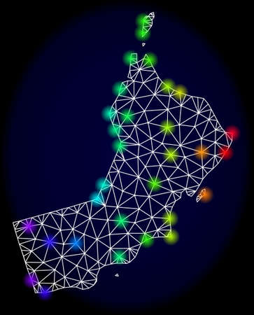 Mesh vector map of Oman with glare effect. Light spots have bright rainbow colors. Abstract lines, triangles, light spots and points on a dark background with map of Oman.のイラスト素材
