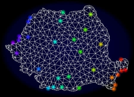 Mesh vector map of Romania with glare effect. Light spots have bright rainbow colors. Abstract lines, triangles, light spots and points on a dark background with map of Romania.のイラスト素材