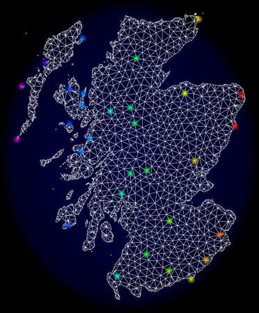 Mesh vector map of Scotland with glare effect. Light spots have bright rainbow colors. Abstract lines, triangles, light spots and points on a dark background with map of Scotland.のイラスト素材