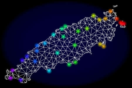 Mesh vector map of Tobago Island with glare effect. Light spots have bright rainbow colors. Abstract lines, triangles, light spots and points on a dark background with map of Tobago Island.のイラスト素材