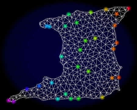 Mesh vector map of Trinidad Island with glare effect. Light spots have bright spectrum colors. Abstract lines, triangles, light spots and points on a dark background with map of Trinidad Island.のイラスト素材