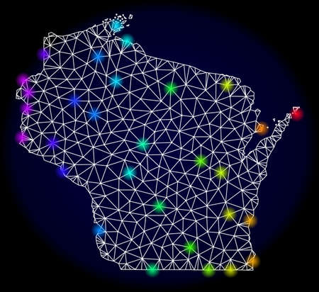 Mesh vector map of Wisconsin State with glare effect. Light spots have bright rainbow colors. Abstract lines, triangles, light spots and points on a dark background with map of Wisconsin State.のイラスト素材