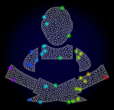 Glossy polygonal mesh butcher icon with glare effect on a dark background. Carcass butcher iconic vector with glamour multi colored dots in rainbow colors. Abstract white mesh lines,のイラスト素材