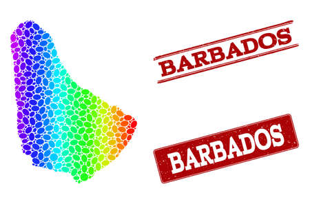 Spectrum dotted map of Barbados and red grunge stamps. Vector geographic map in bright spectrum gradient colors on a white background.のイラスト素材