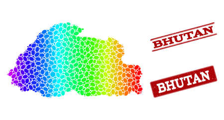 Spectrum dotted map of Bhutan and red grunge stamps. Vector geographic map in bright spectrum gradient colors on a white background.のイラスト素材