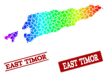 Spectrum dotted map of East Timor and red grunge stamps. Vector geographic map in bright spectrum gradient colors on a white background.のイラスト素材