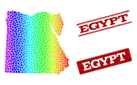 Spectrum dotted map of Egypt and red grunge stamps. Vector geographic map in bright spectrum gradient colors on a white background.のイラスト素材