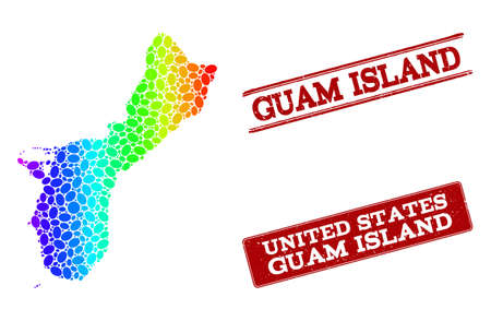 Spectrum dotted map of Guam Island and red grunge stamps. Vector geographic map in bright spectrum gradient colors on a white background.のイラスト素材