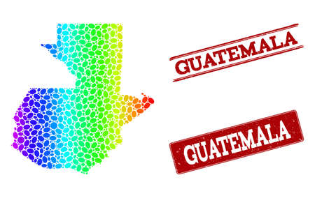 Spectrum dotted map of Guatemala and red grunge stamps. Vector geographic map in bright spectrum gradient colors on a white background.のイラスト素材