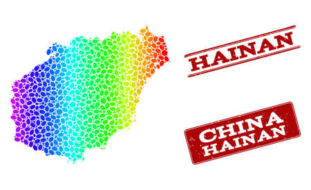 Spectrum dotted map of Hainan Island and red grunge stamps. Vector geographic map in bright spectrum gradient colors on a white background.のイラスト素材