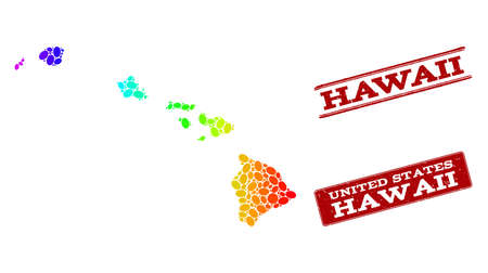 Spectrum dotted map of Hawaii State and red grunge stamps. Vector geographic map in bright spectrum gradient colors on a white background.のイラスト素材