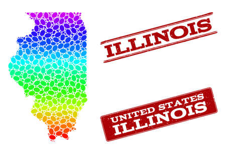 Spectrum dotted map of Illinois State and red grunge stamps. Vector geographic map in bright spectrum gradient colors on a white background.のイラスト素材