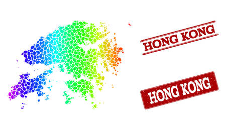Spectrum dotted map of Hong Kong and red grunge stamps. Vector geographic map in bright spectrum gradient colors on a white background.のイラスト素材