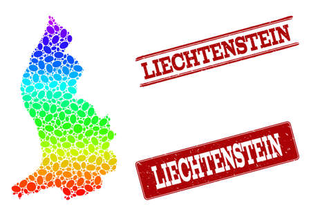 Spectrum dotted map of Liechtenstein and red grunge stamps. Vector geographic map in bright spectrum gradient colors on a white background.のイラスト素材