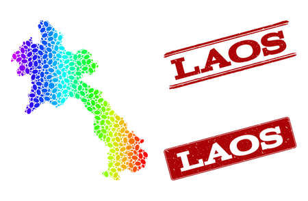 Spectrum dotted map of Laos and red grunge stamps. Vector geographic map in bright spectrum gradient colors on a white background.のイラスト素材