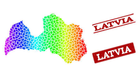 Spectrum dotted map of Latvia and red grunge stamps. Vector geographic map in bright spectrum gradient colors on a white background.のイラスト素材