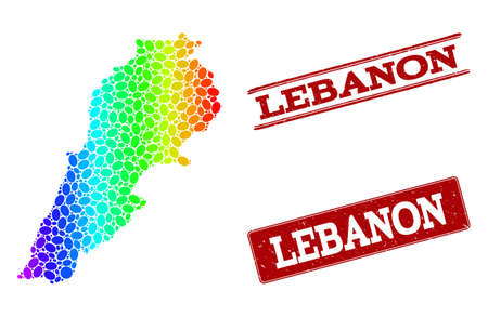 Spectrum dotted map of Lebanon and red grunge stamps. Vector geographic map in bright spectrum gradient colors on a white background.のイラスト素材