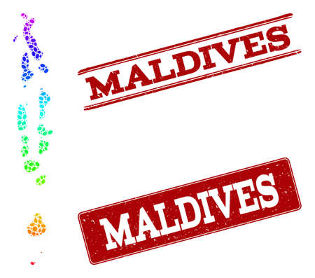 Spectrum dotted map of Maldives and red grunge stamps. Vector geographic map in bright spectrum gradient colors on a white background.のイラスト素材