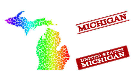 Spectrum dotted map of Michigan State and red grunge stamps. Vector geographic map in bright spectrum gradient colors on a white background.のイラスト素材
