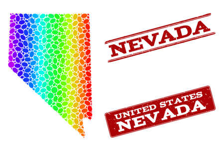 Spectrum dotted map of Nevada State and red grunge stamps. Vector geographic map in bright spectrum gradient colors on a white background.のイラスト素材