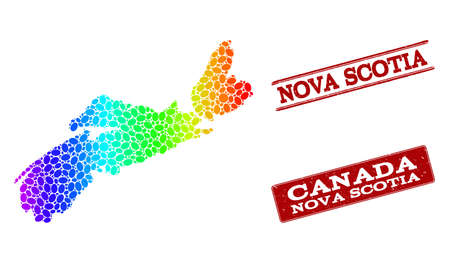 Spectrum dotted map of Nova Scotia Province and red grunge stamps. Vector geographic map in bright spectrum gradient colors on a white background.のイラスト素材