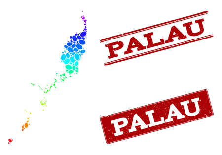 Spectrum dotted map of Palau Islands and red grunge stamps. Vector geographic map in bright spectrum gradient colors on a white background.のイラスト素材