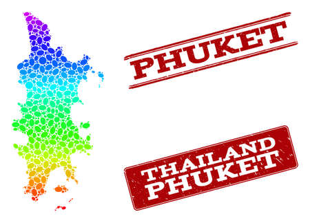 Spectrum dotted map of Phuket and red grunge stamps. Vector geographic map in bright spectrum gradient colors on a white background.のイラスト素材