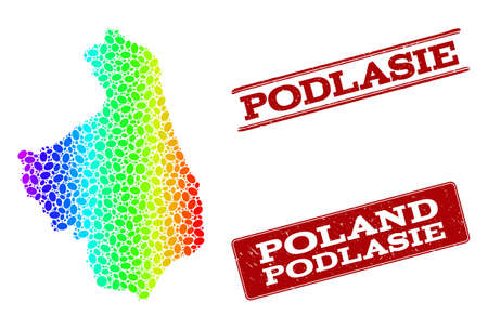 Spectrum dotted map of Podlasie Province and red grunge stamps. Vector geographic map in bright spectrum gradient colors on a white background.のイラスト素材