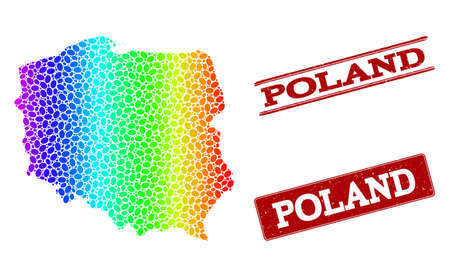 Spectrum dotted map of Poland and red grunge stamps. Vector geographic map in bright spectrum gradient colors on a white background.のイラスト素材