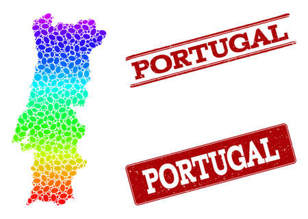 Spectrum dotted map of Portugal and red grunge stamps. Vector geographic map in bright spectrum gradient colors on a white background.のイラスト素材